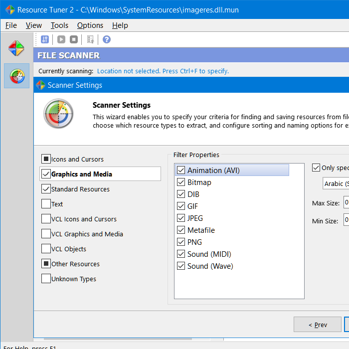 The File Scanner tool is an easy way to scan the directories on your computer, extracting and saving to disk all resources it finds inside the executable files.