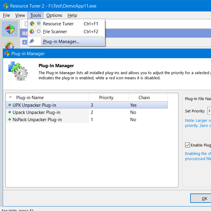 When you open a file with Resource Tuner, the integrated UPX Unpacker plug-in detects UPX compression. If the file is packed, Resource Tuner automatically proceeds to unpack it.